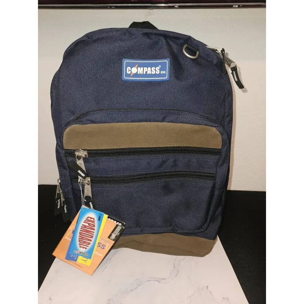 NWT! Compass USA expandable backpack in navy blue and brown 18x12x9